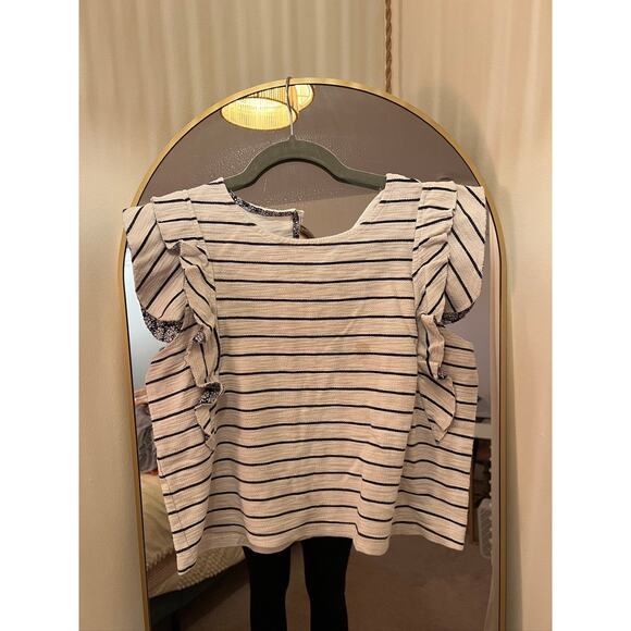 Anthropologie Striped Ruffle Sleeves T-Shirt Top Cap Sleeve White/Black Medium - Picture 1 of 7